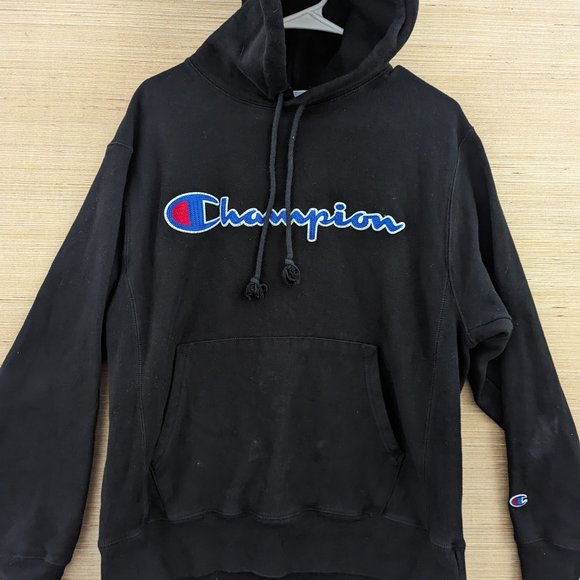 Champion Reverse Weave Mens Pullover Hoodie Black Medium Cotton Polyester Flaw - Picture 1 of 11